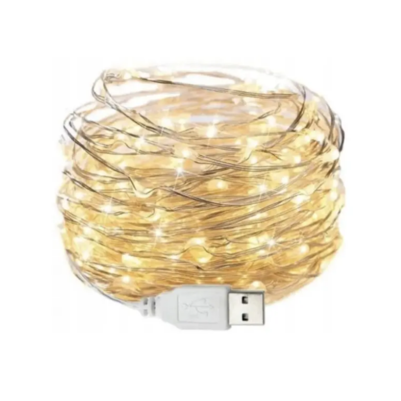 Світлодіодна гірлянда USB, мідна нитка, теплий білий, 10 м, 100 світлодіодів, 8 режимів
